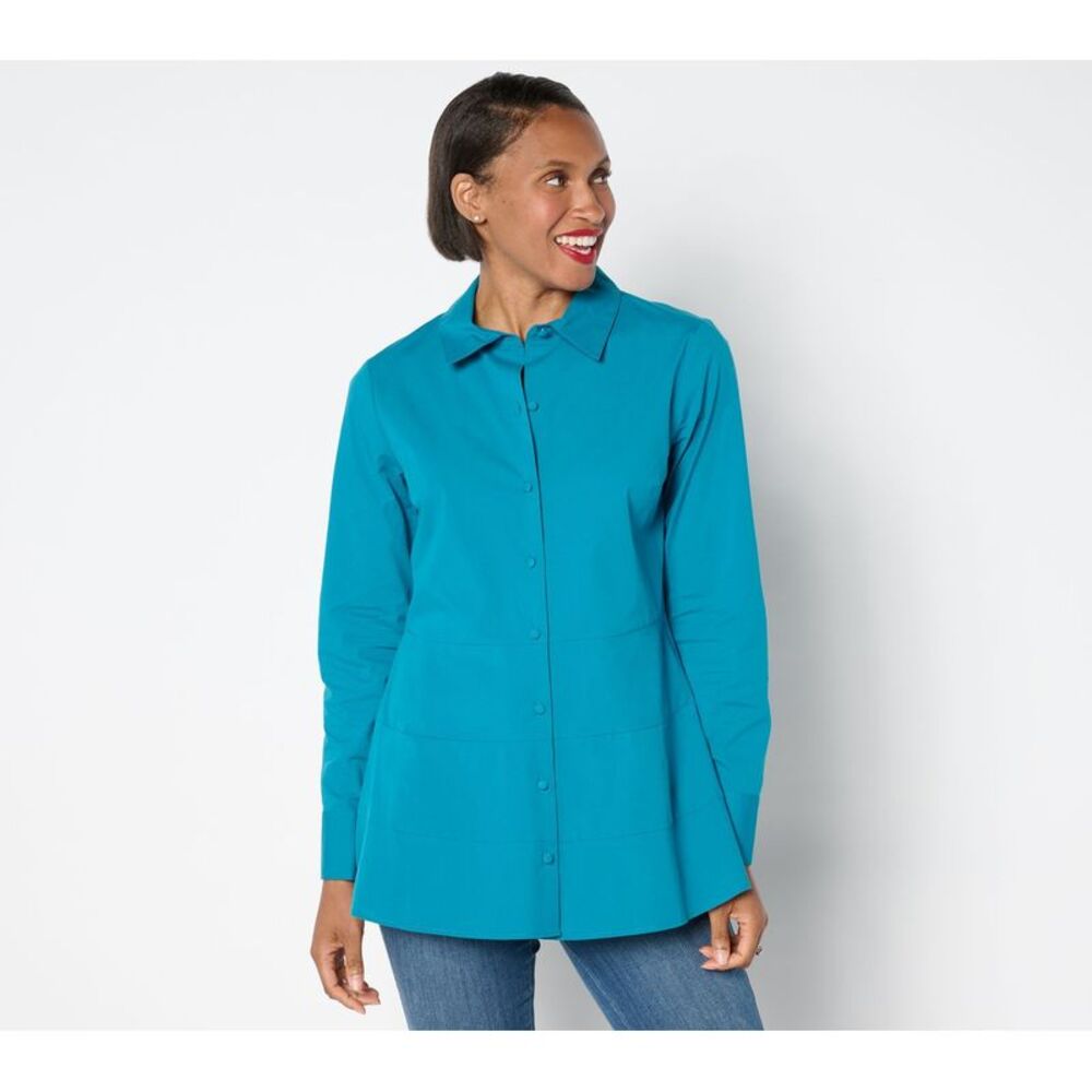 Summersalt Women's Top Petite 8P Poplin Shirt Tiered Peplum Blue A664014